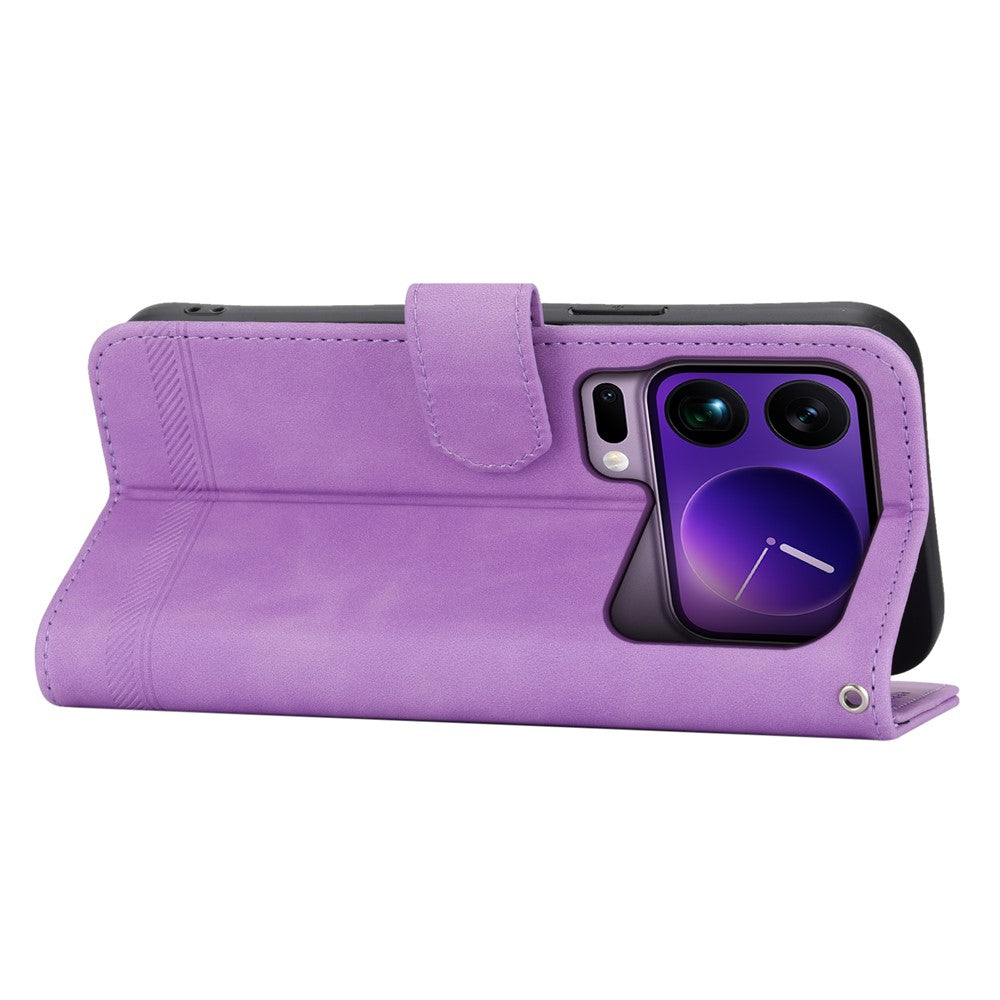 DIERFENG DF-03 For Xiaomi 17 Pro Max Case Lines Imprint Wallet Leather Phone Cover with Wrist Strap - Purple