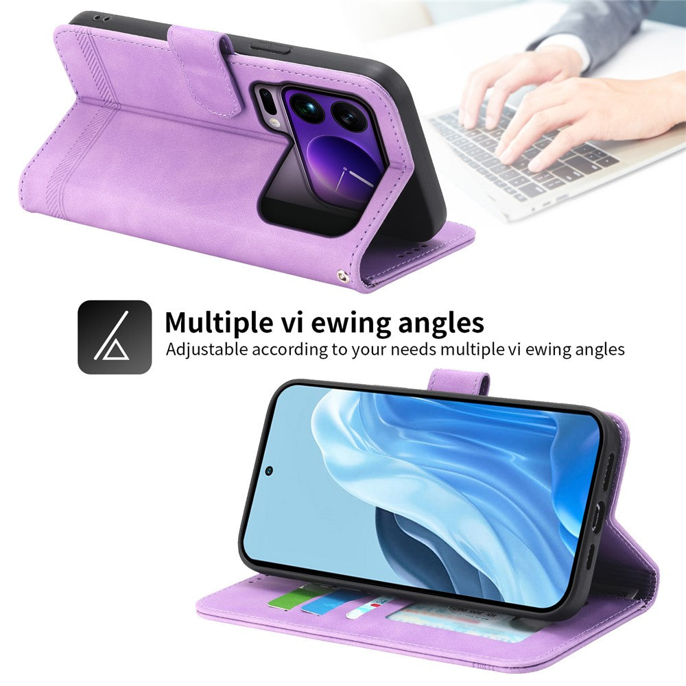 DIERFENG DF-03 For Xiaomi 17 Pro Max Case Lines Imprint Wallet Leather Phone Cover with Wrist Strap - Purple