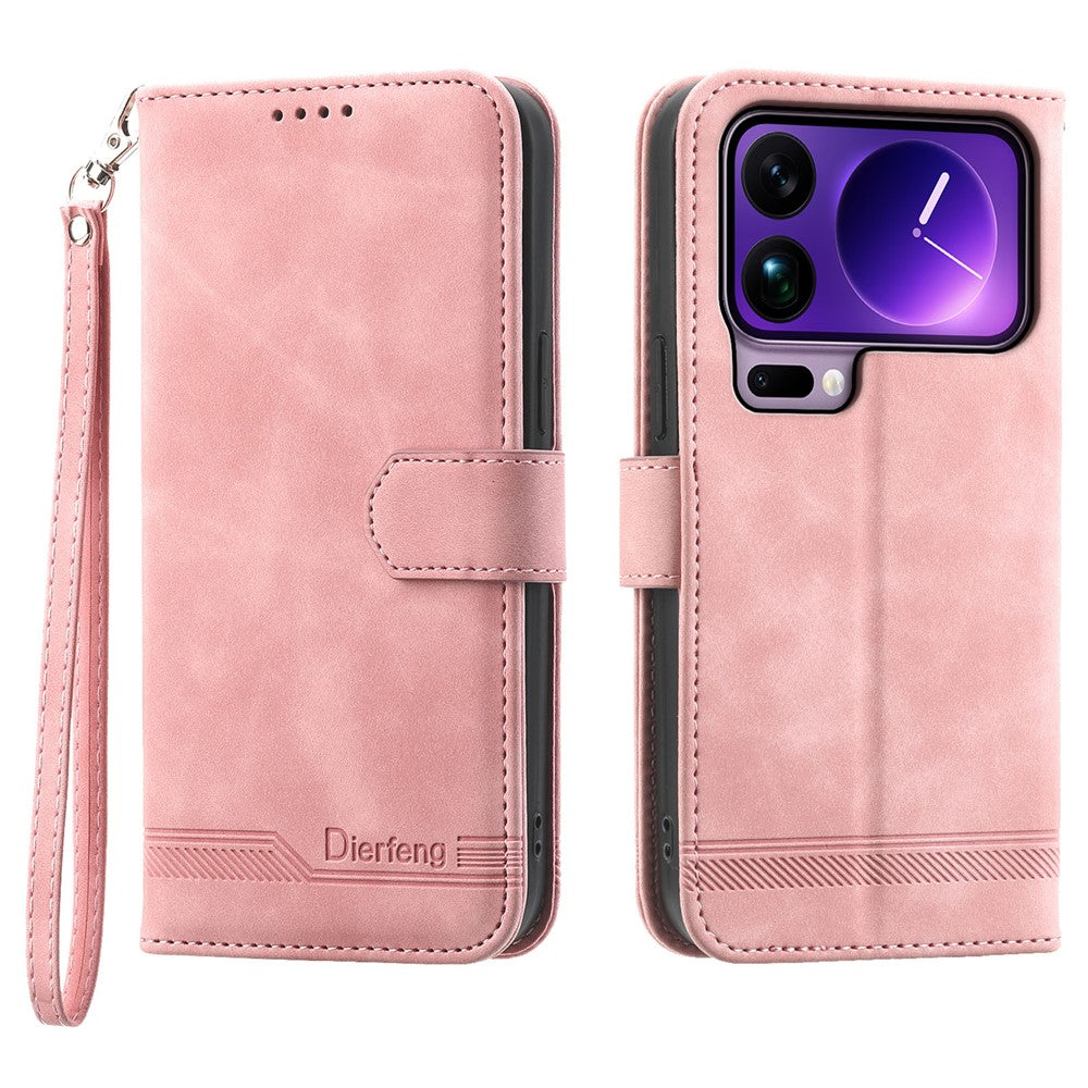 DIERFENG DF-03 For Xiaomi 17 Pro Max Case Lines Imprint Wallet Leather Phone Cover with Wrist Strap - Pink