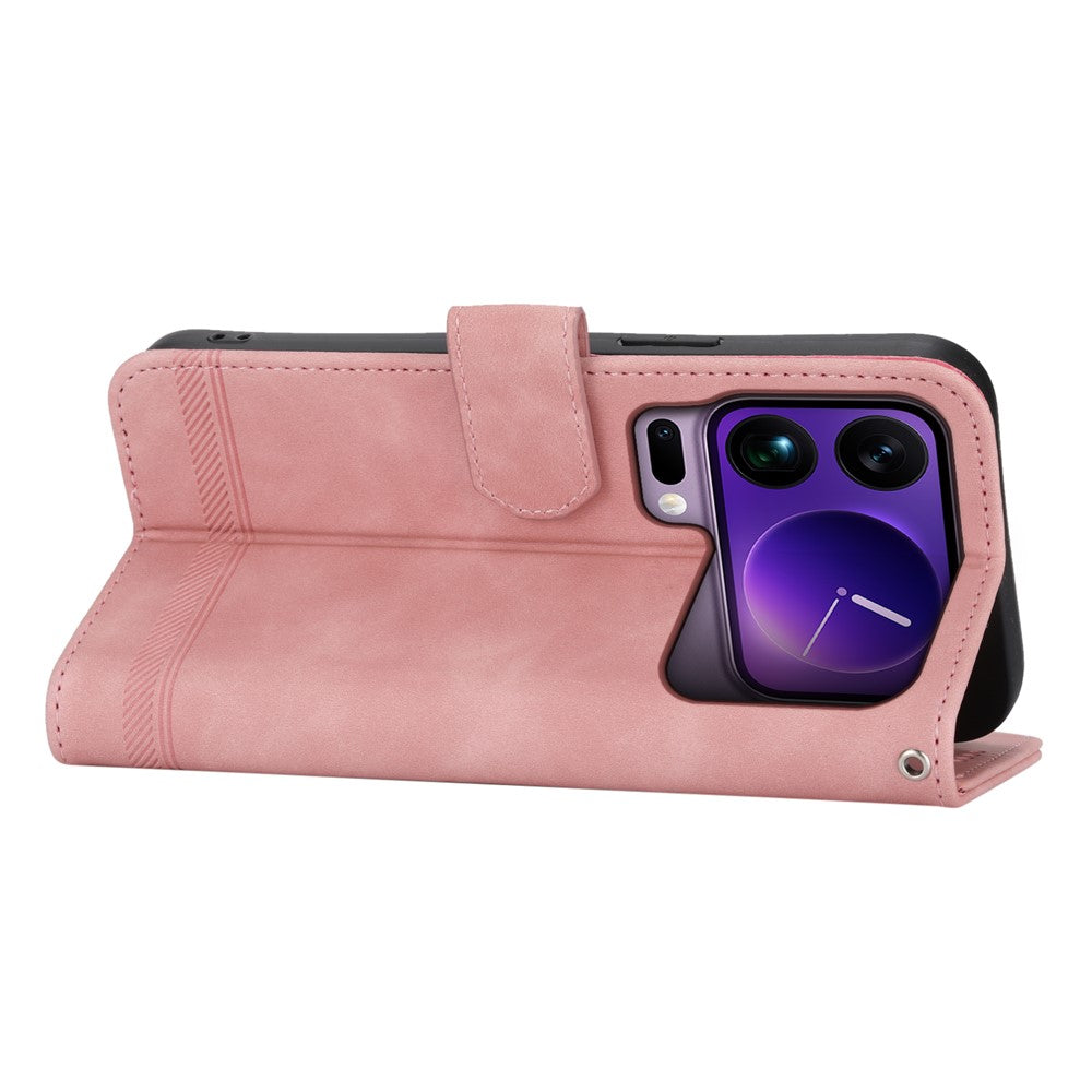 DIERFENG DF-03 For Xiaomi 17 Pro Max Case Lines Imprint Wallet Leather Phone Cover with Wrist Strap - Pink