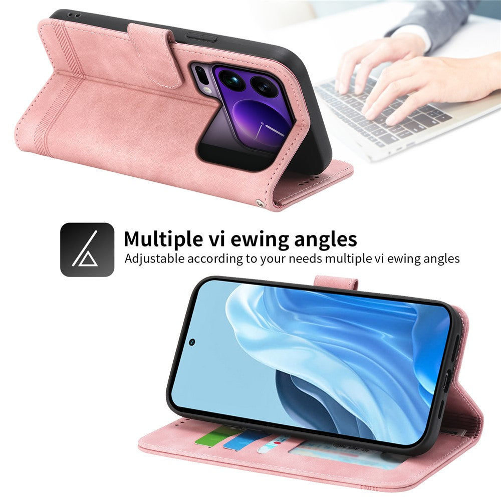 DIERFENG DF-03 For Xiaomi 17 Pro Max Case Lines Imprint Wallet Leather Phone Cover with Wrist Strap - Pink