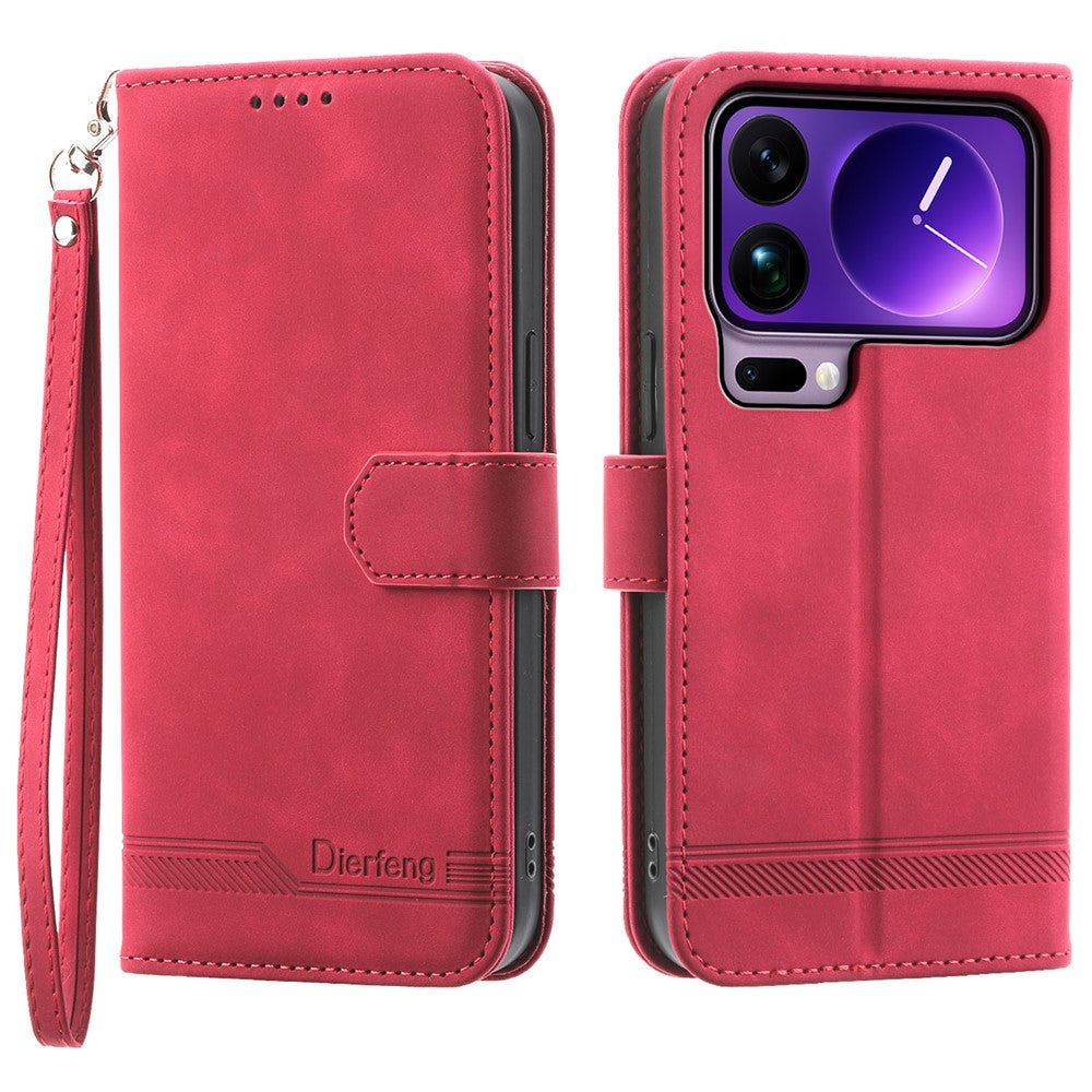 DIERFENG DF-03 For Xiaomi 17 Pro Max Case Lines Imprint Wallet Leather Phone Cover with Wrist Strap - Red