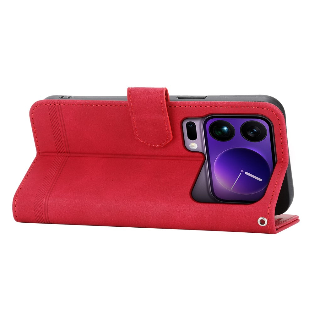 DIERFENG DF-03 For Xiaomi 17 Pro Max Case Lines Imprint Wallet Leather Phone Cover with Wrist Strap - Red