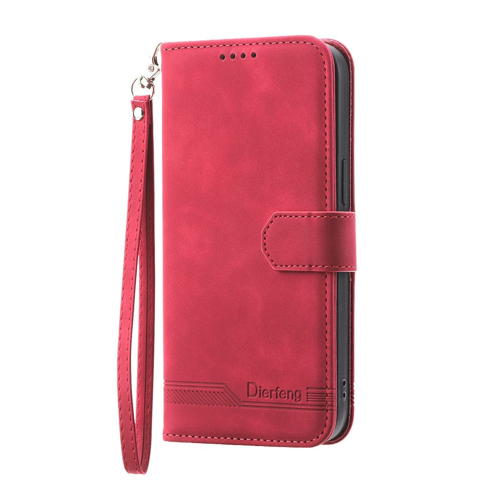 DIERFENG DF-03 For Xiaomi 17 Pro Max Case Lines Imprint Wallet Leather Phone Cover with Wrist Strap - Red