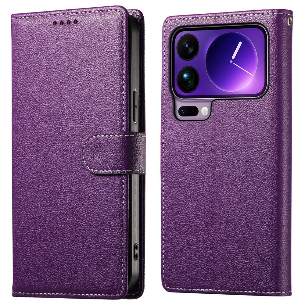 For Xiaomi 17 Pro Max Case Magnetic Snap Litchi Texture Leather Wallet Phone Cover with Wrist Strap - Purple