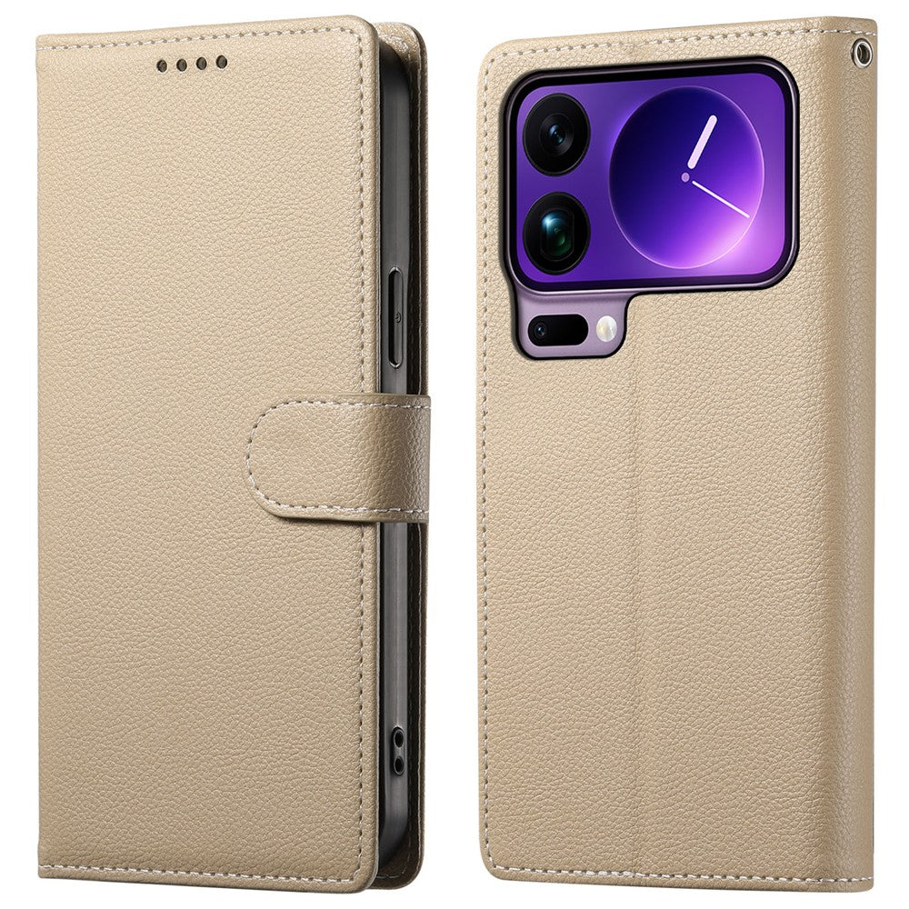 For Xiaomi 17 Pro Max Case Magnetic Snap Litchi Texture Leather Wallet Phone Cover with Wrist Strap - Apricot