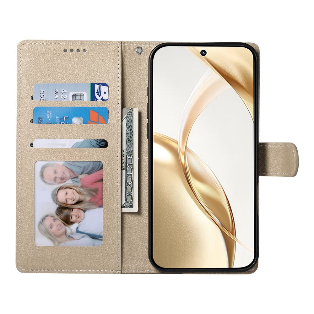 For Xiaomi 17 Pro Max Case Magnetic Snap Litchi Texture Leather Wallet Phone Cover with Wrist Strap - Apricot