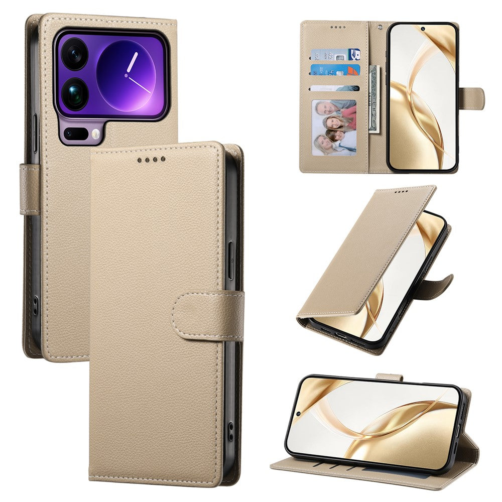 For Xiaomi 17 Pro Max Case Magnetic Snap Litchi Texture Leather Wallet Phone Cover with Wrist Strap - Apricot