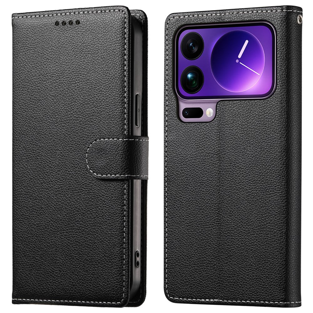 For Xiaomi 17 Pro Max Case Magnetic Snap Litchi Texture Leather Wallet Phone Cover with Wrist Strap - Black