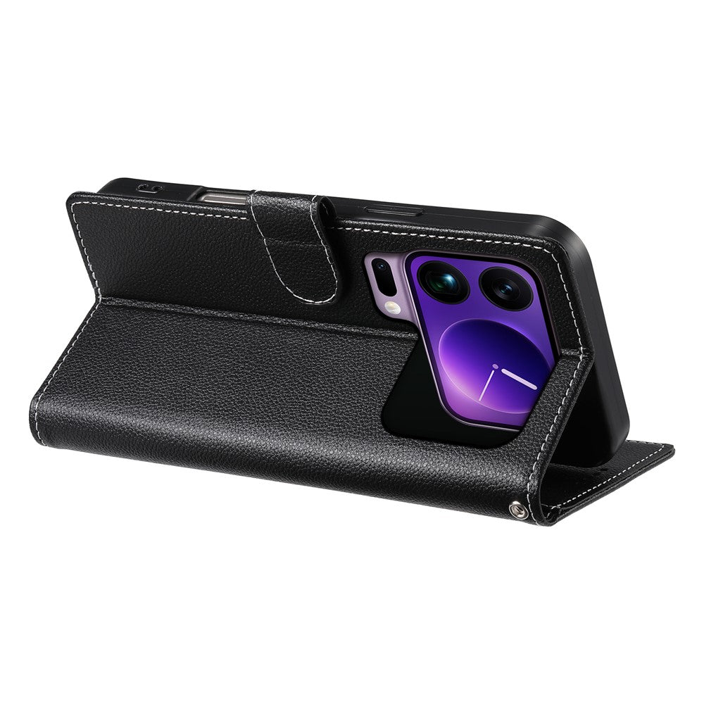 For Xiaomi 17 Pro Max Case Magnetic Snap Litchi Texture Leather Wallet Phone Cover with Wrist Strap - Black