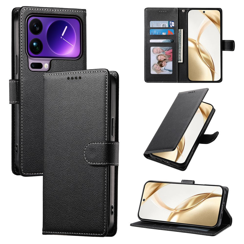 For Xiaomi 17 Pro Max Case Magnetic Snap Litchi Texture Leather Wallet Phone Cover with Wrist Strap - Black
