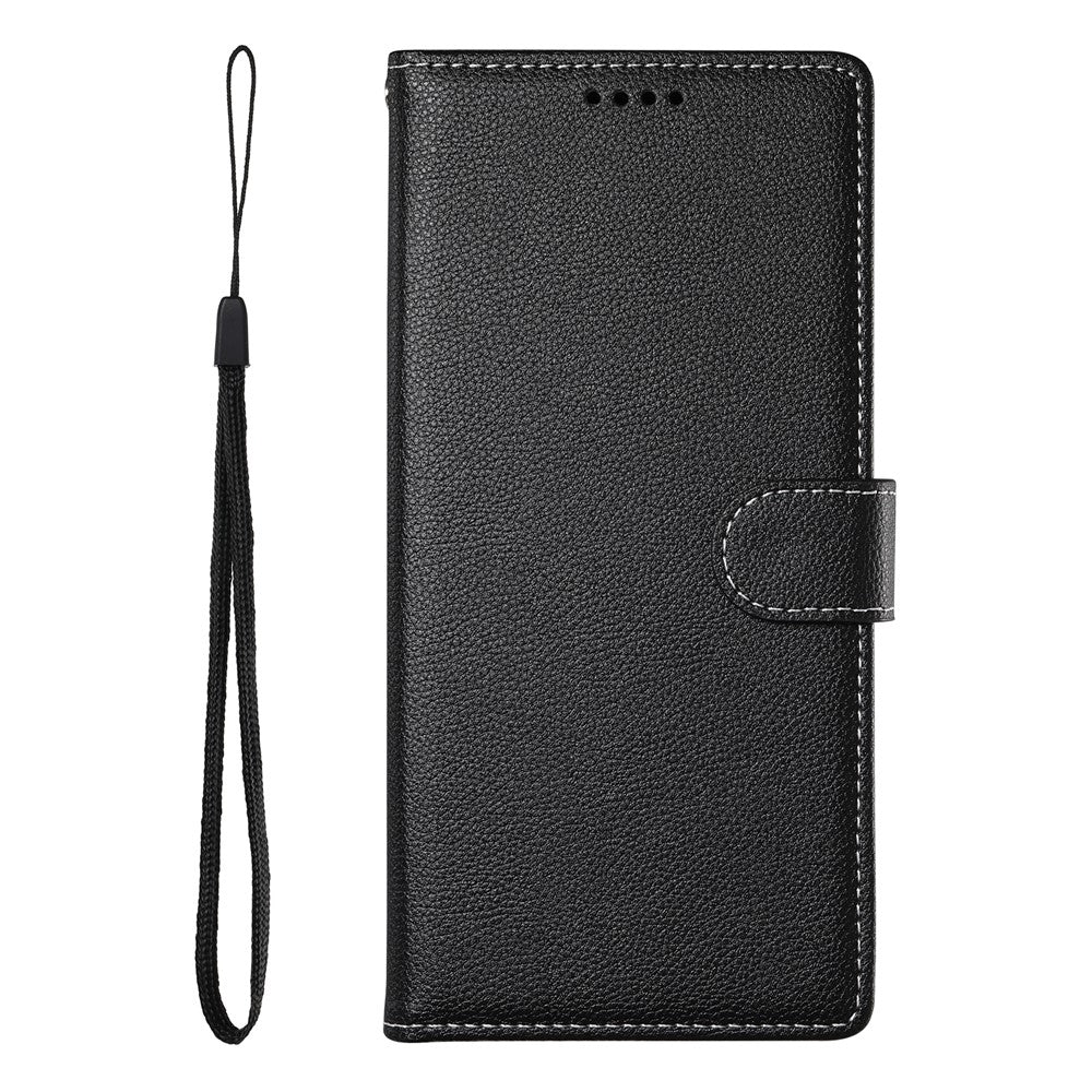 For Xiaomi 17 Pro Max Case Magnetic Snap Litchi Texture Leather Wallet Phone Cover with Wrist Strap - Black