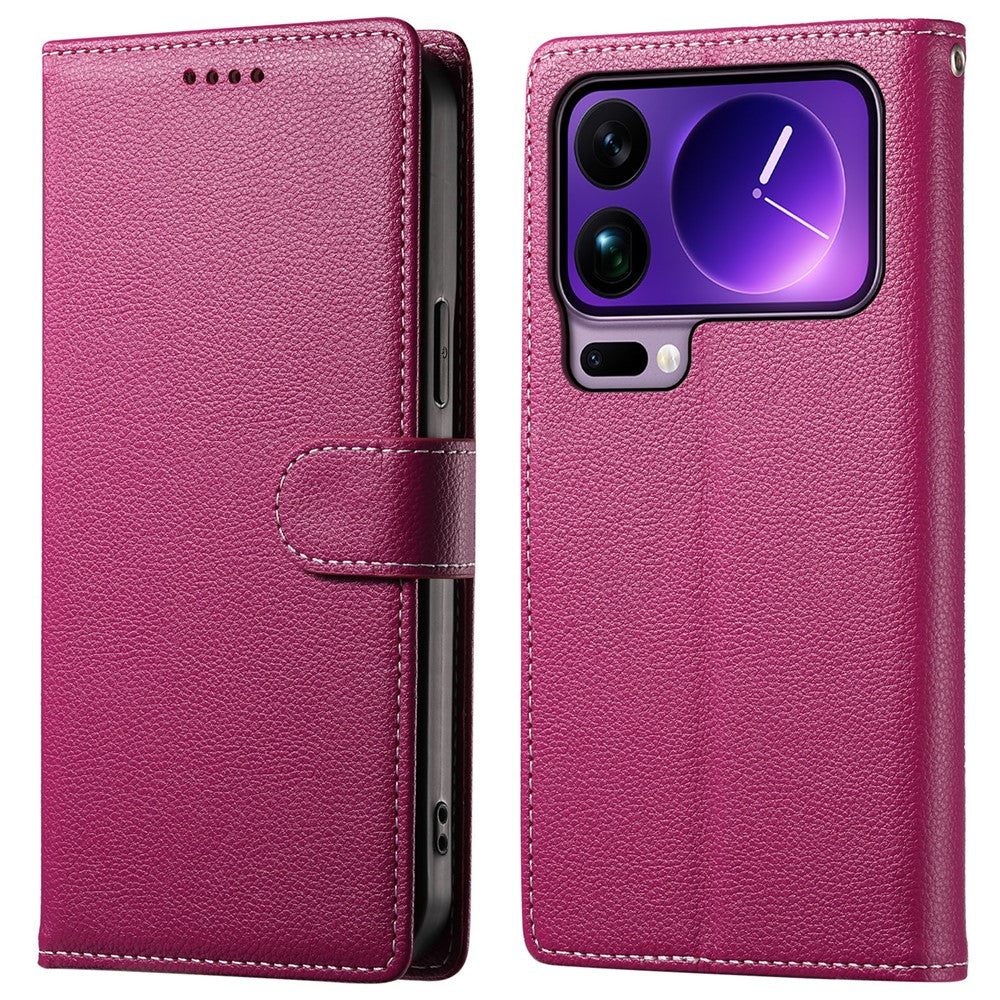 For Xiaomi 17 Pro Max Case Magnetic Snap Litchi Texture Leather Wallet Phone Cover with Wrist Strap - Rose