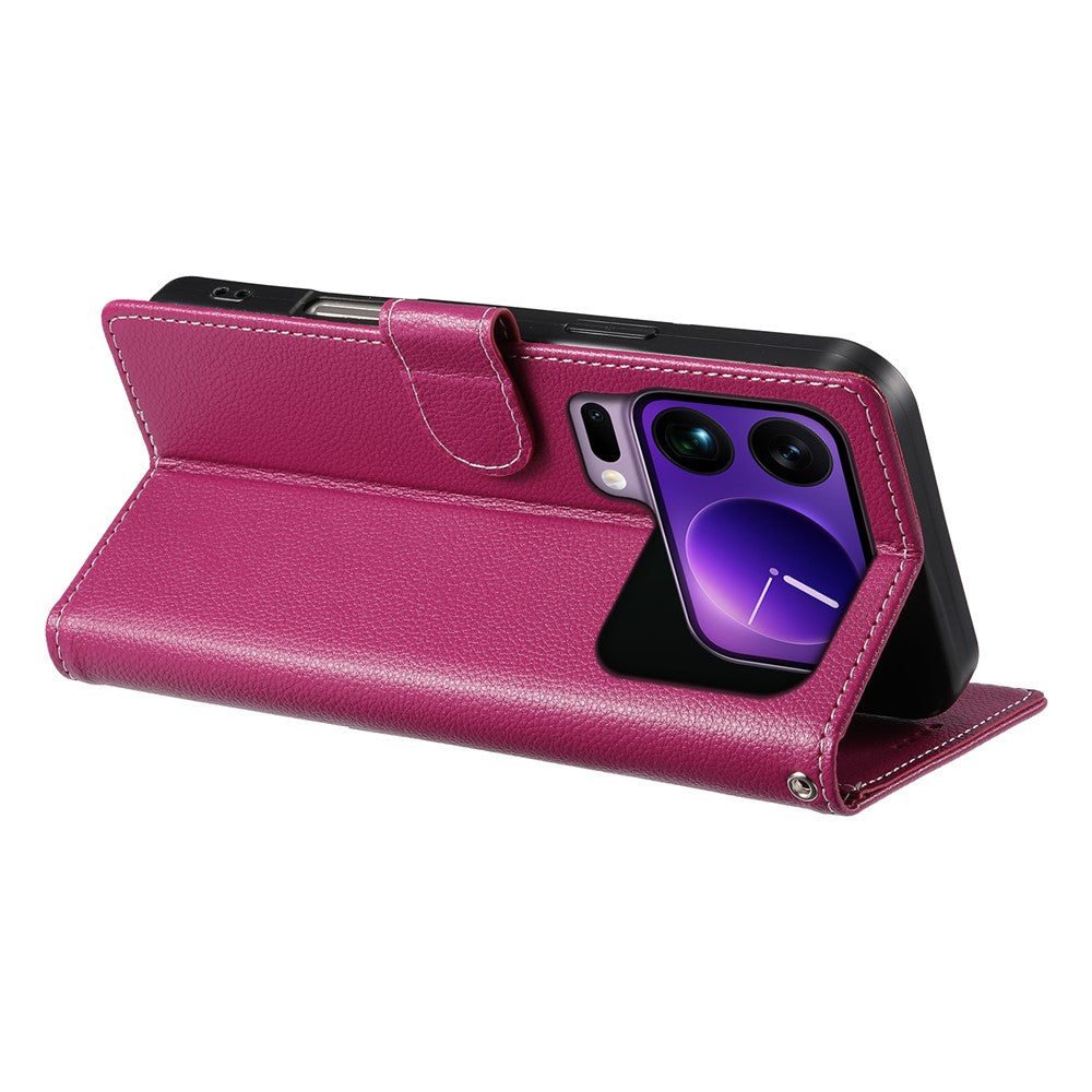 For Xiaomi 17 Pro Max Case Magnetic Snap Litchi Texture Leather Wallet Phone Cover with Wrist Strap - Rose