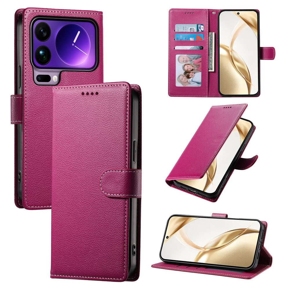 For Xiaomi 17 Pro Max Case Magnetic Snap Litchi Texture Leather Wallet Phone Cover with Wrist Strap - Rose