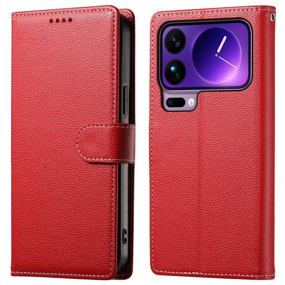 For Xiaomi 17 Pro Max Case Magnetic Snap Litchi Texture Leather Wallet Phone Cover with Wrist Strap - Red