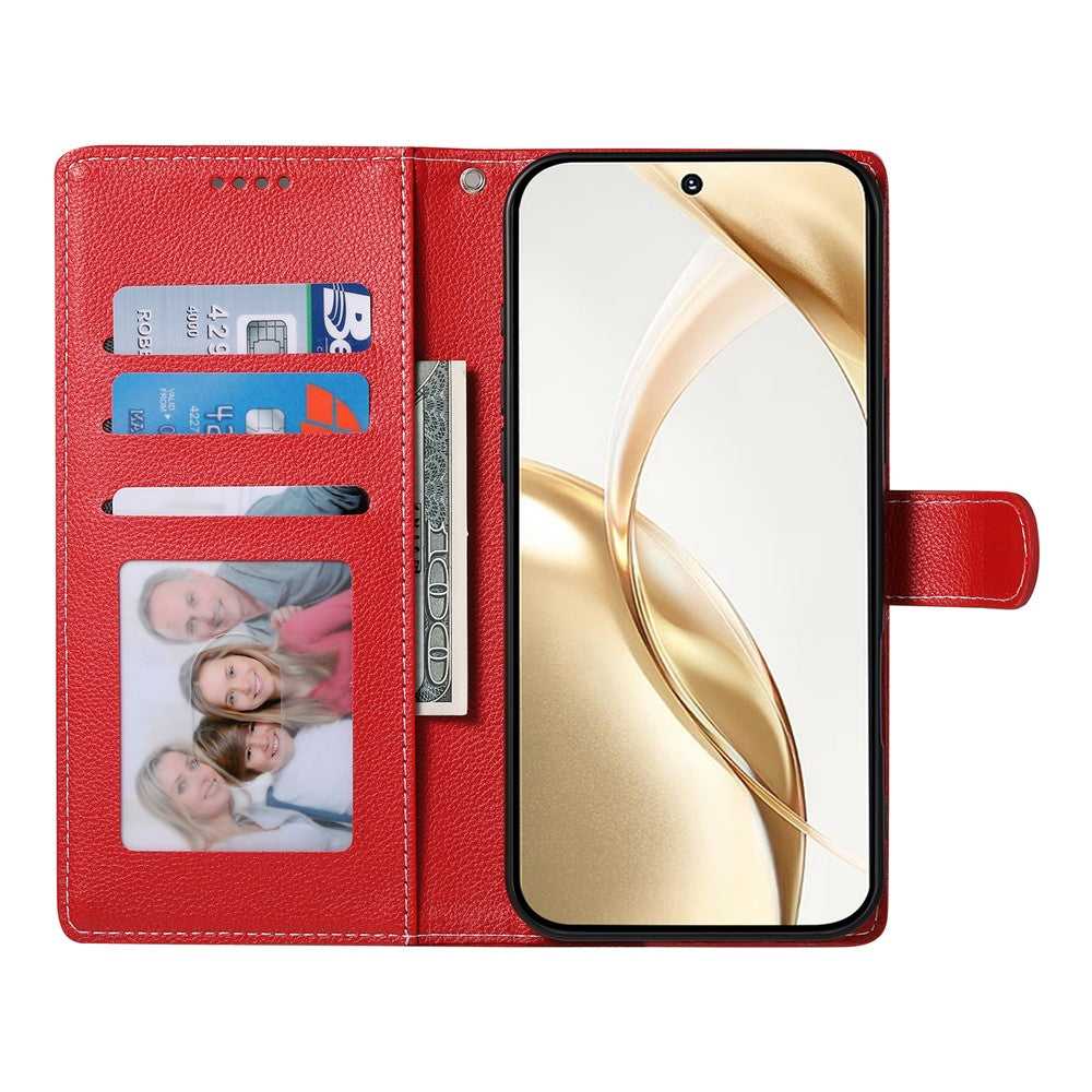 For Xiaomi 17 Pro Max Case Magnetic Snap Litchi Texture Leather Wallet Phone Cover with Wrist Strap - Red