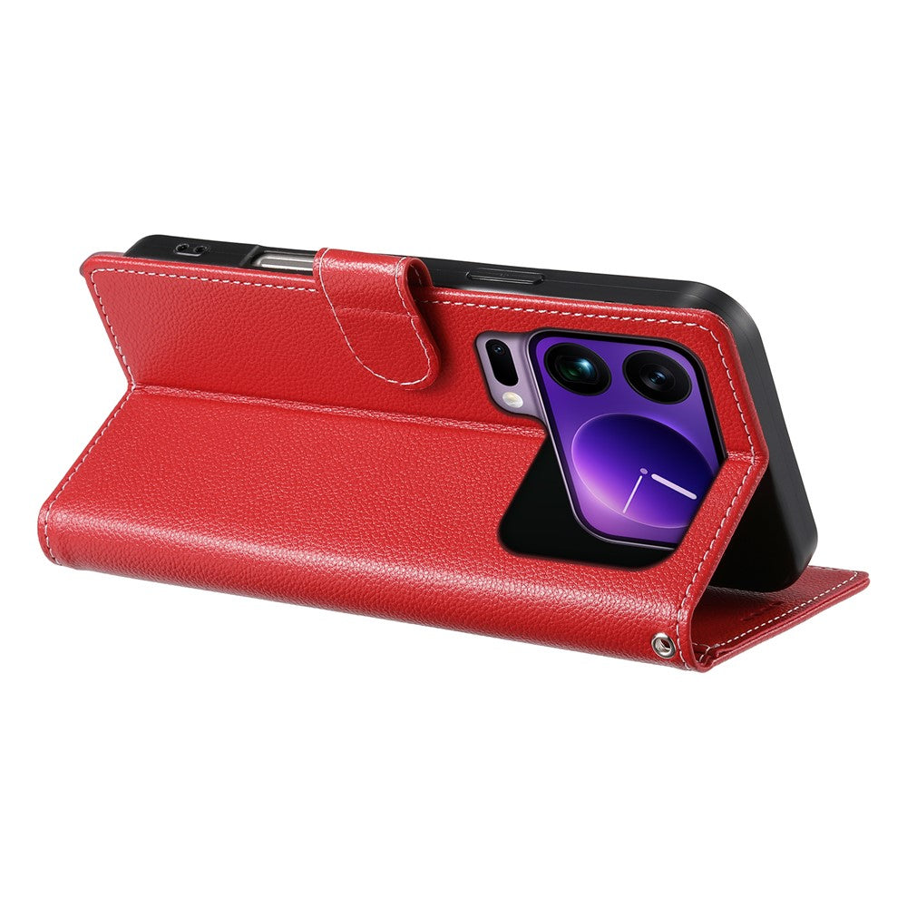 For Xiaomi 17 Pro Max Case Magnetic Snap Litchi Texture Leather Wallet Phone Cover with Wrist Strap - Red
