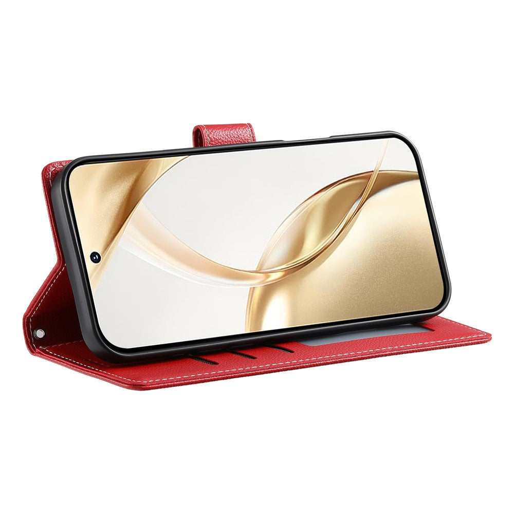 For Xiaomi 17 Pro Max Case Magnetic Snap Litchi Texture Leather Wallet Phone Cover with Wrist Strap - Red