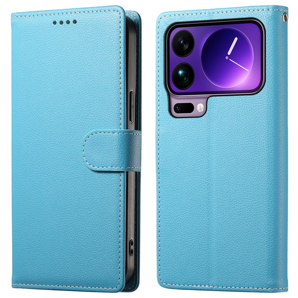 For Xiaomi 17 Pro Max Case Magnetic Snap Litchi Texture Leather Wallet Phone Cover with Wrist Strap - Sky Blue