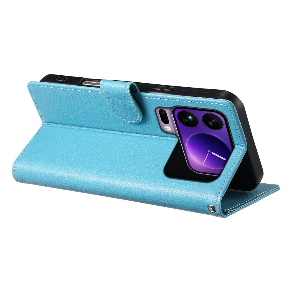 For Xiaomi 17 Pro Max Case Magnetic Snap Litchi Texture Leather Wallet Phone Cover with Wrist Strap - Sky Blue