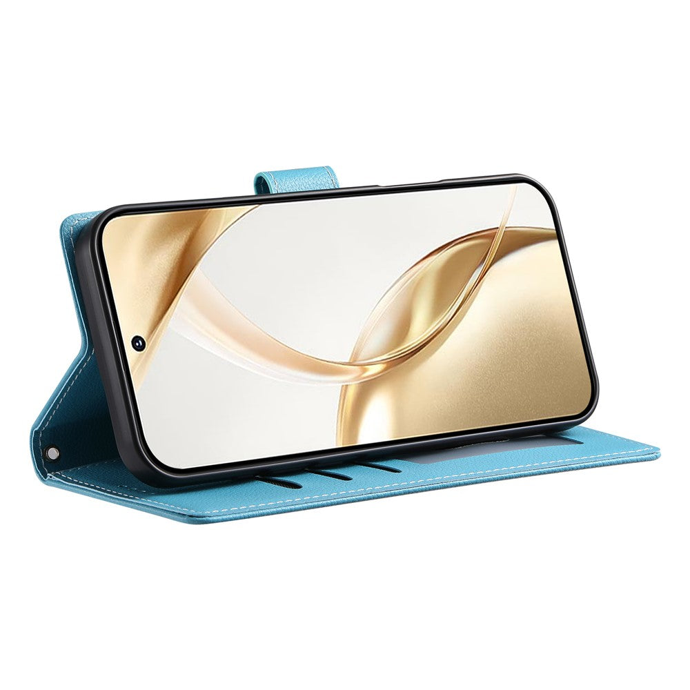 For Xiaomi 17 Pro Max Case Magnetic Snap Litchi Texture Leather Wallet Phone Cover with Wrist Strap - Sky Blue