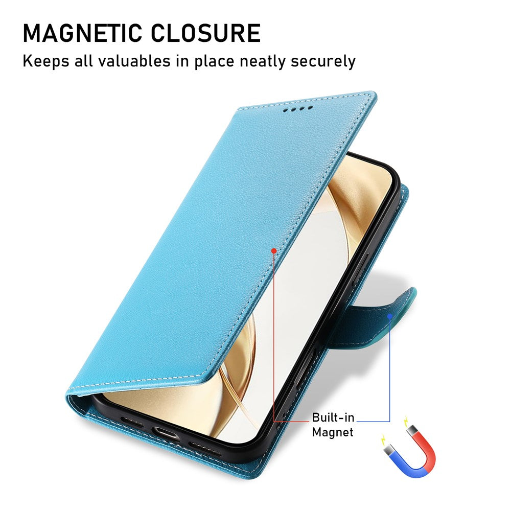 For Xiaomi 17 Pro Max Case Magnetic Snap Litchi Texture Leather Wallet Phone Cover with Wrist Strap - Sky Blue