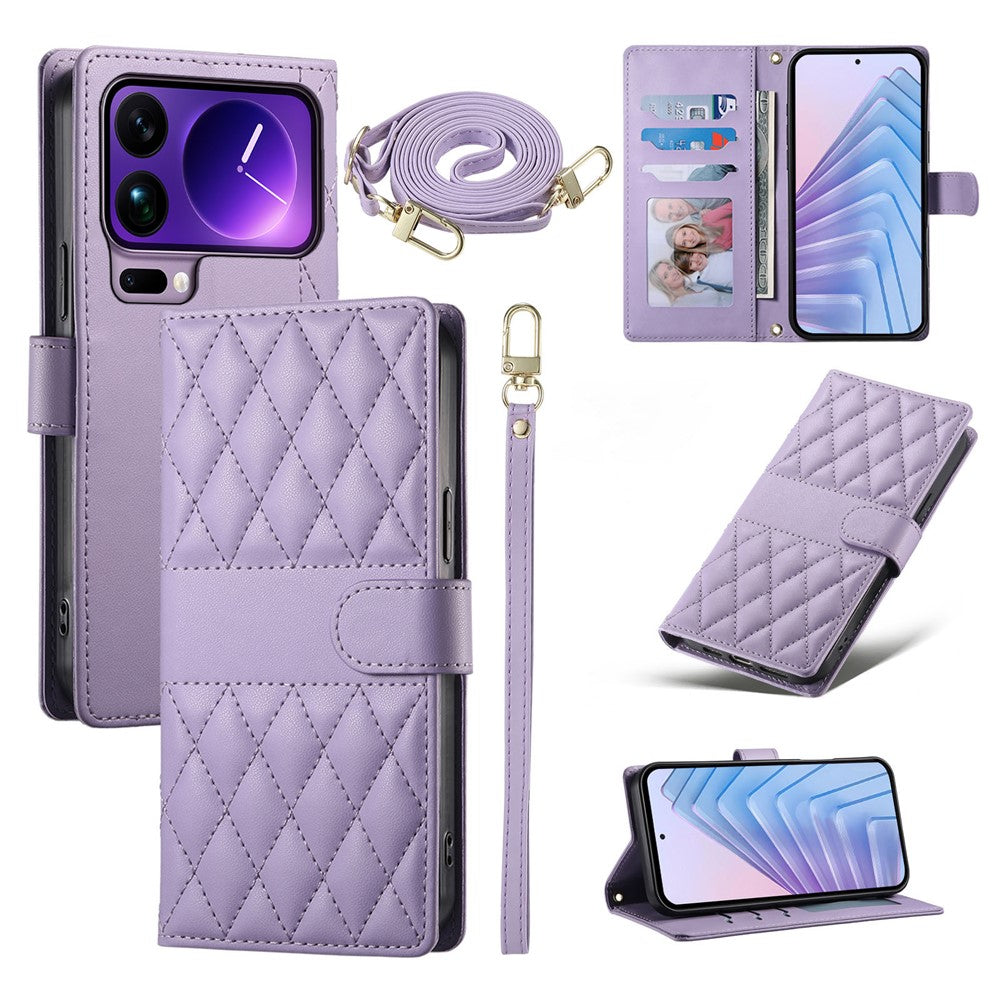 For Xiaomi 17 Pro Max Wallet Case Rhombus Stitching Stand Leather Phone Cover with Long  /  Short Strap - Purple