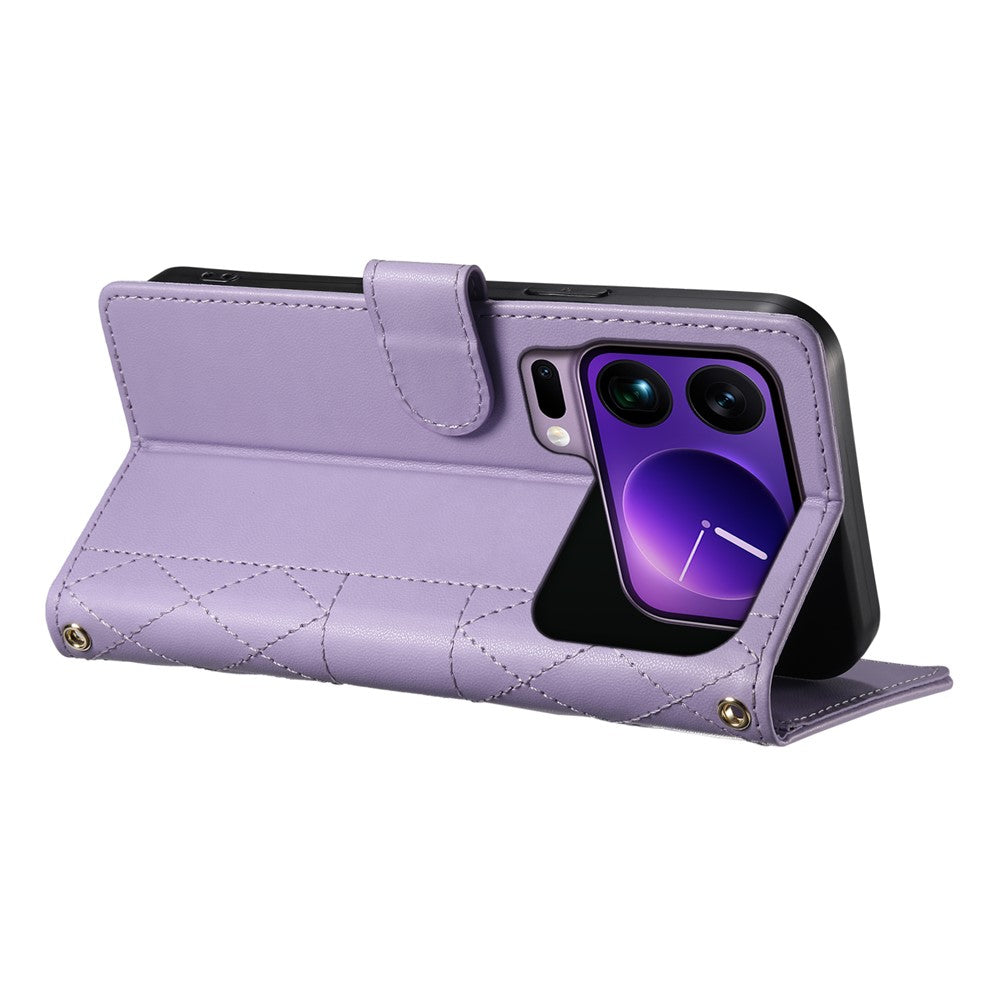For Xiaomi 17 Pro Max Wallet Case Rhombus Stitching Stand Leather Phone Cover with Long  /  Short Strap - Purple