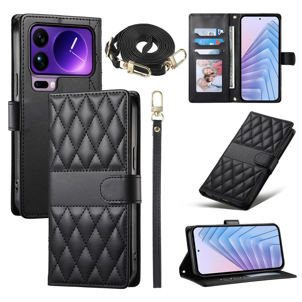 For Xiaomi 17 Pro Max Wallet Case Rhombus Stitching Stand Leather Phone Cover with Long  /  Short Strap - Black