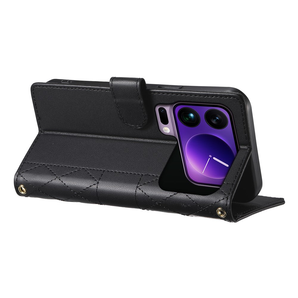 For Xiaomi 17 Pro Max Wallet Case Rhombus Stitching Stand Leather Phone Cover with Long  /  Short Strap - Black