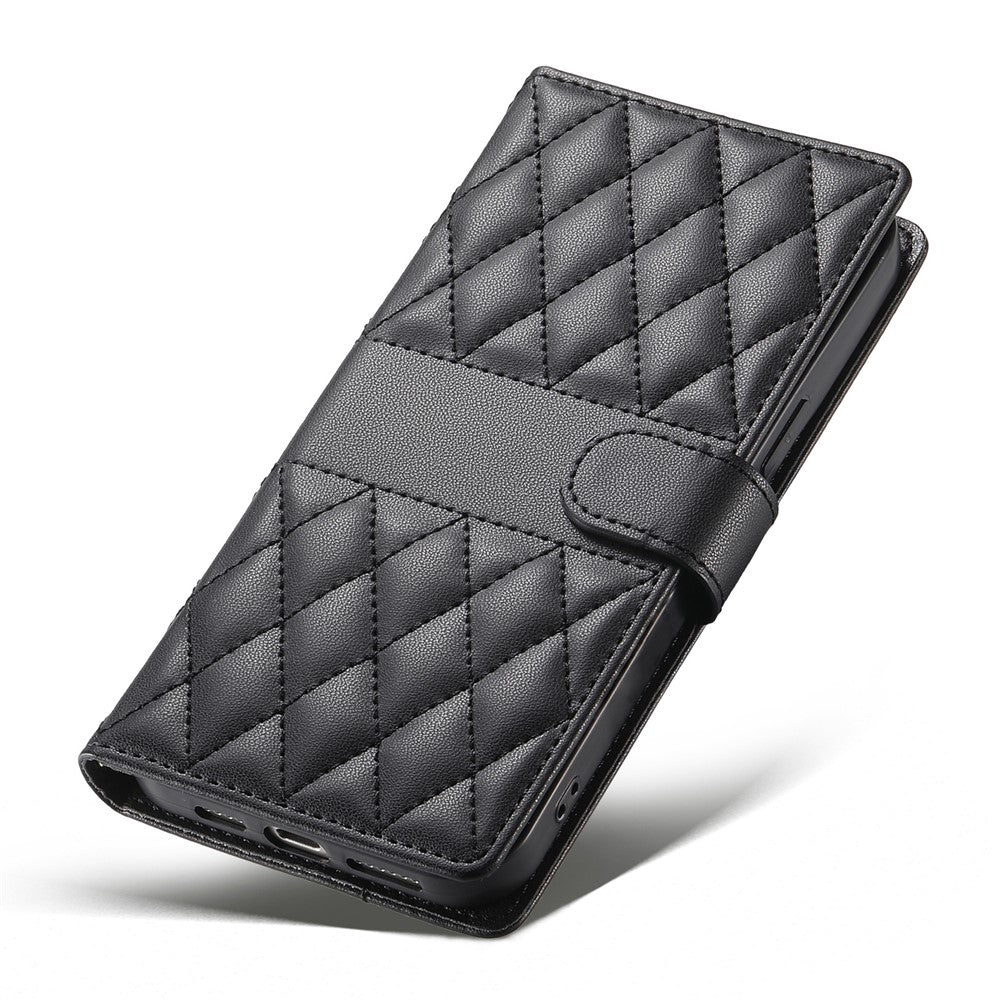 For Xiaomi 17 Pro Max Wallet Case Rhombus Stitching Stand Leather Phone Cover with Long  /  Short Strap - Black