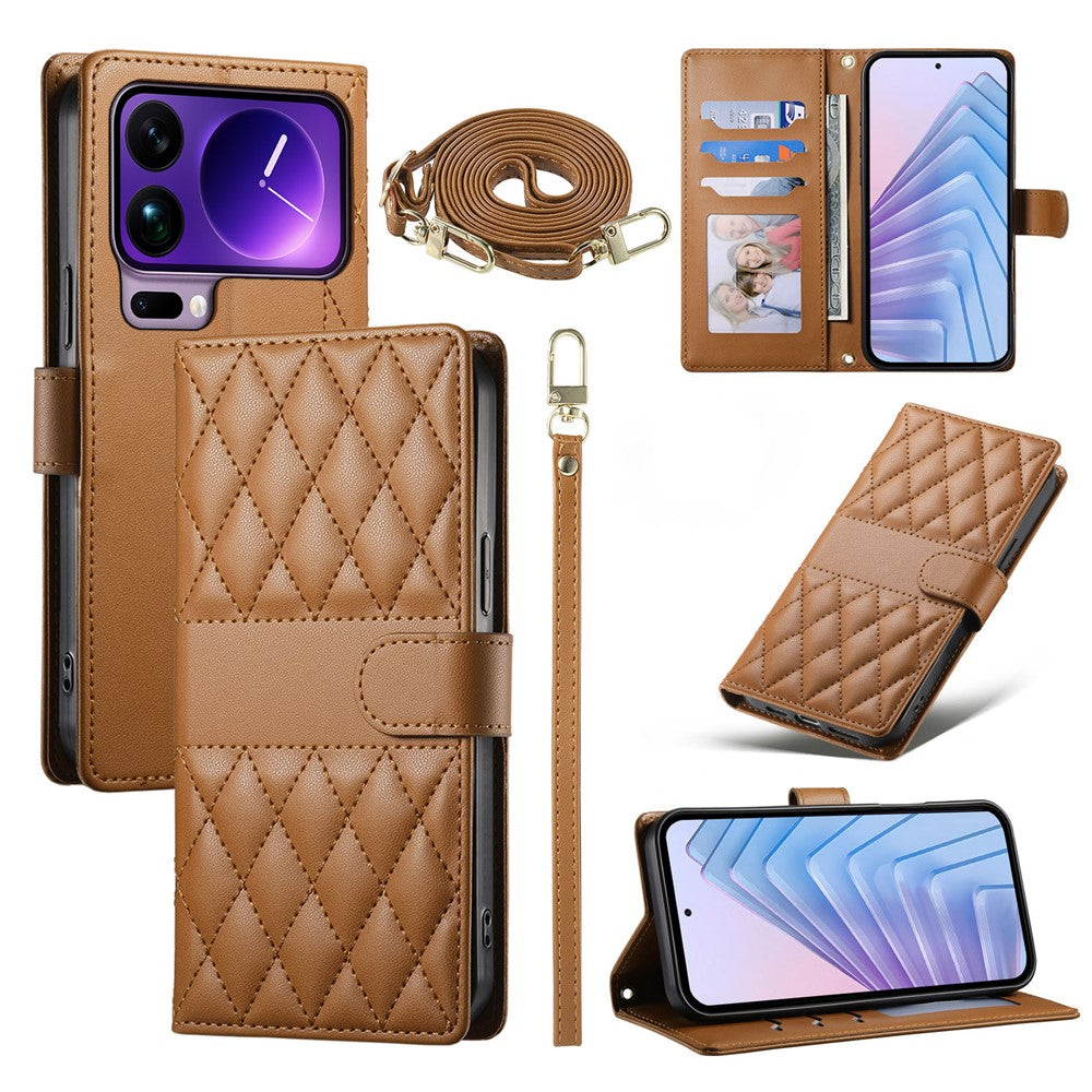 For Xiaomi 17 Pro Max Wallet Case Rhombus Stitching Stand Leather Phone Cover with Long  /  Short Strap - Brown