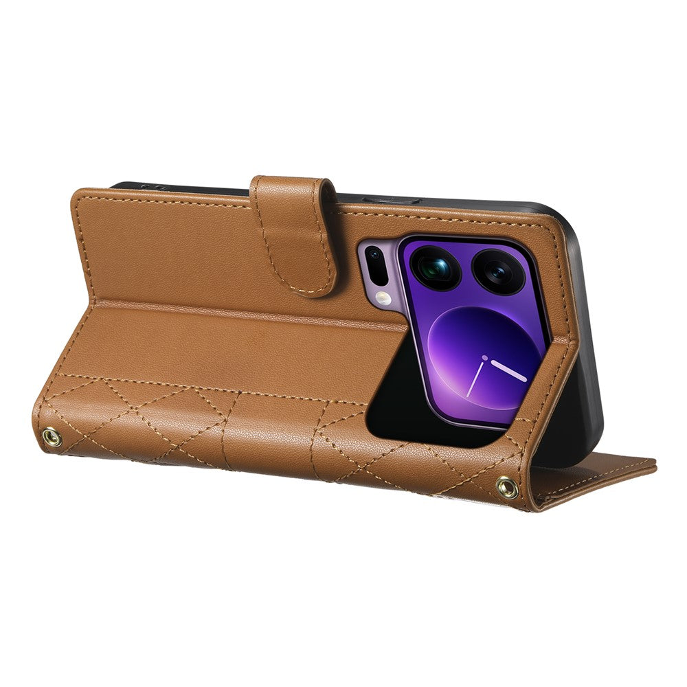 For Xiaomi 17 Pro Max Wallet Case Rhombus Stitching Stand Leather Phone Cover with Long  /  Short Strap - Brown