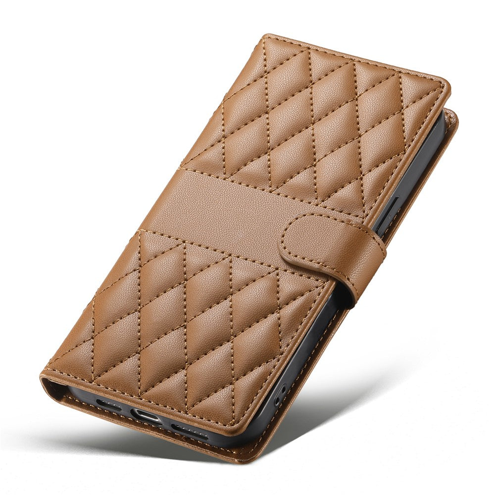 For Xiaomi 17 Pro Max Wallet Case Rhombus Stitching Stand Leather Phone Cover with Long  /  Short Strap - Brown