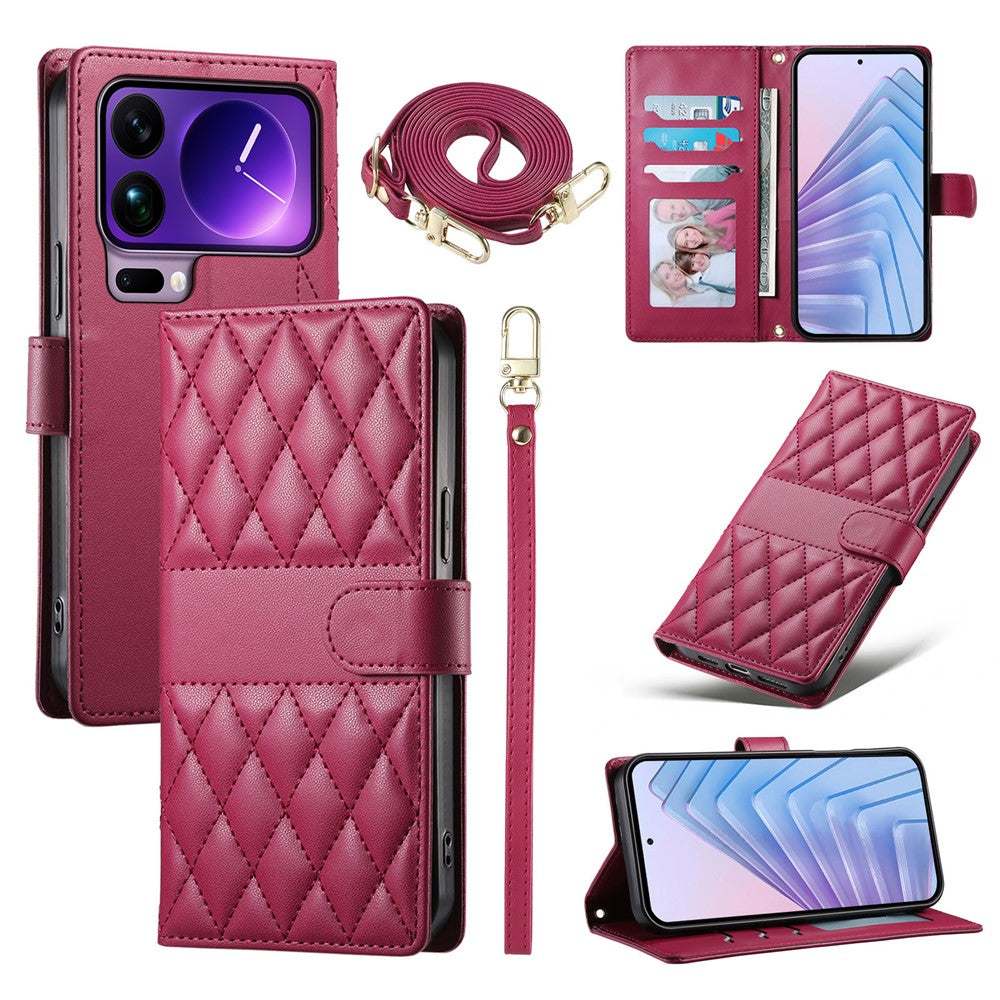 For Xiaomi 17 Pro Max Wallet Case Rhombus Stitching Stand Leather Phone Cover with Long  /  Short Strap - Red