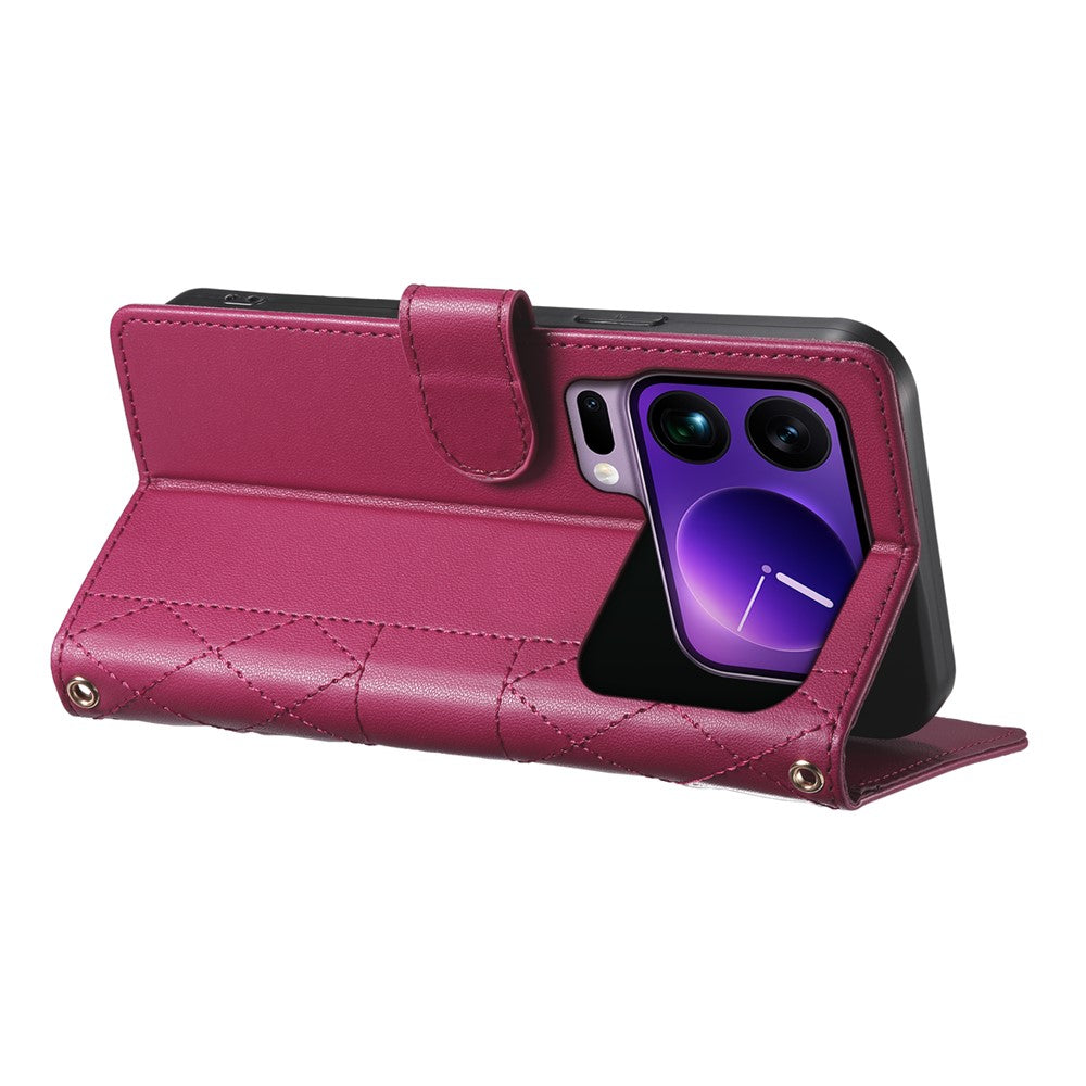 For Xiaomi 17 Pro Max Wallet Case Rhombus Stitching Stand Leather Phone Cover with Long  /  Short Strap - Red