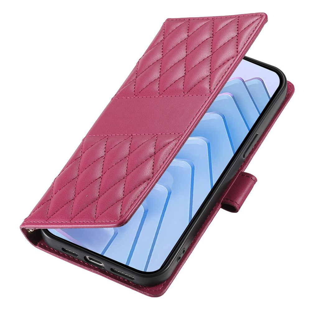 For Xiaomi 17 Pro Max Wallet Case Rhombus Stitching Stand Leather Phone Cover with Long  /  Short Strap - Red