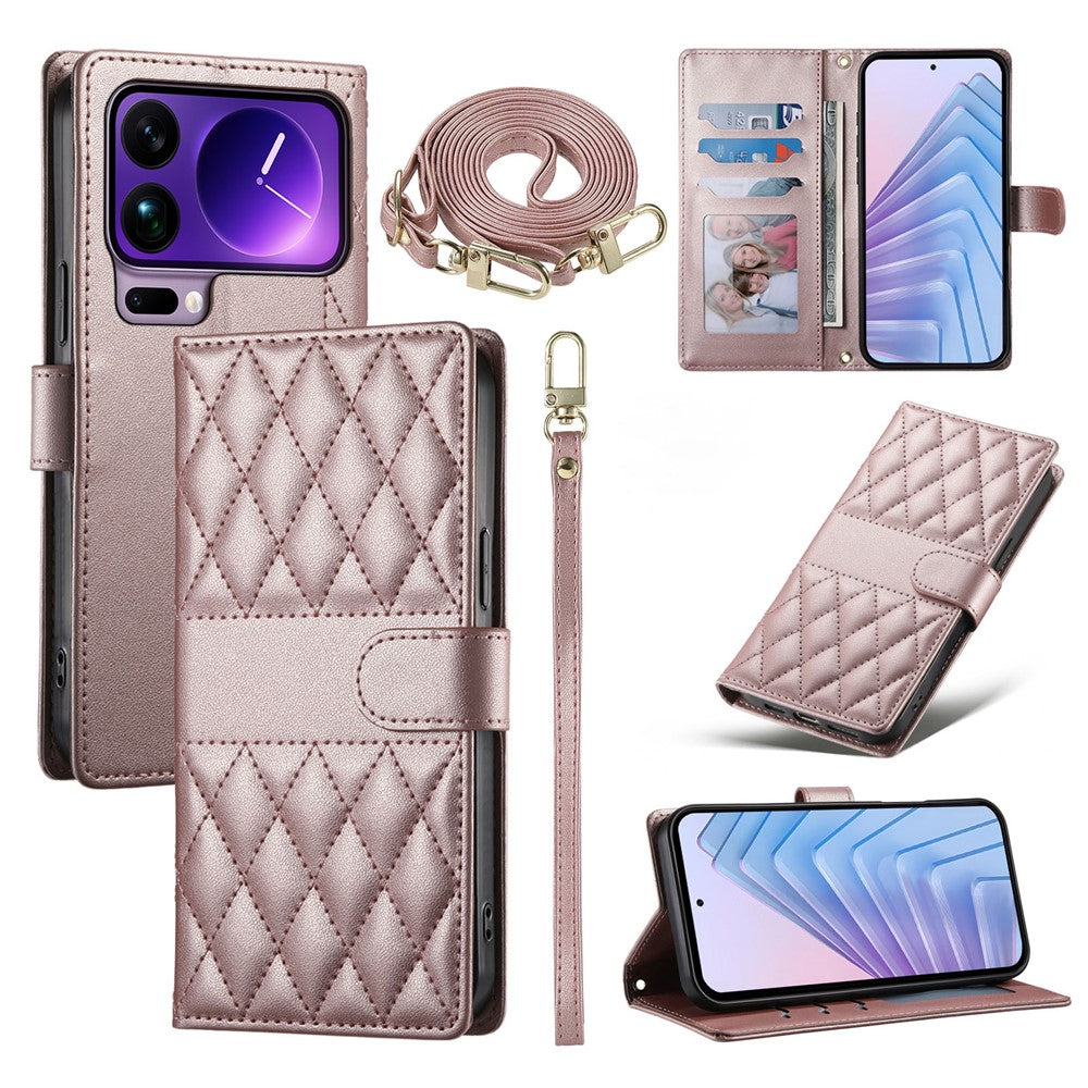 For Xiaomi 17 Pro Max Wallet Case Rhombus Stitching Stand Leather Phone Cover with Long  /  Short Strap - Rose Gold