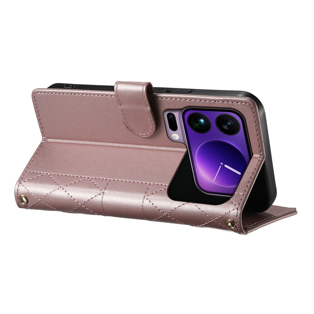 For Xiaomi 17 Pro Max Wallet Case Rhombus Stitching Stand Leather Phone Cover with Long  /  Short Strap - Rose Gold