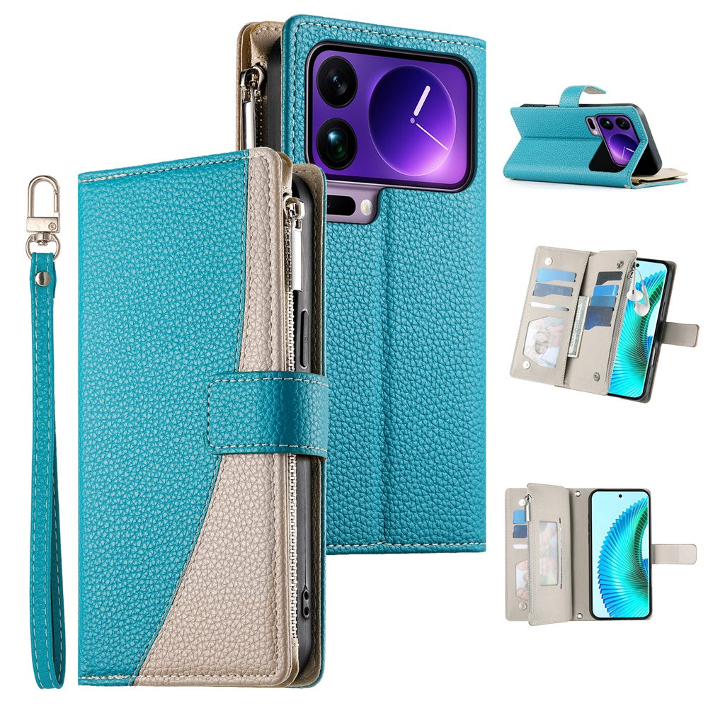 For Xiaomi 17 Pro Max Case Zipper Wallet Color Splicing Leather Flip Phone Cover with Straps - Lake Blue