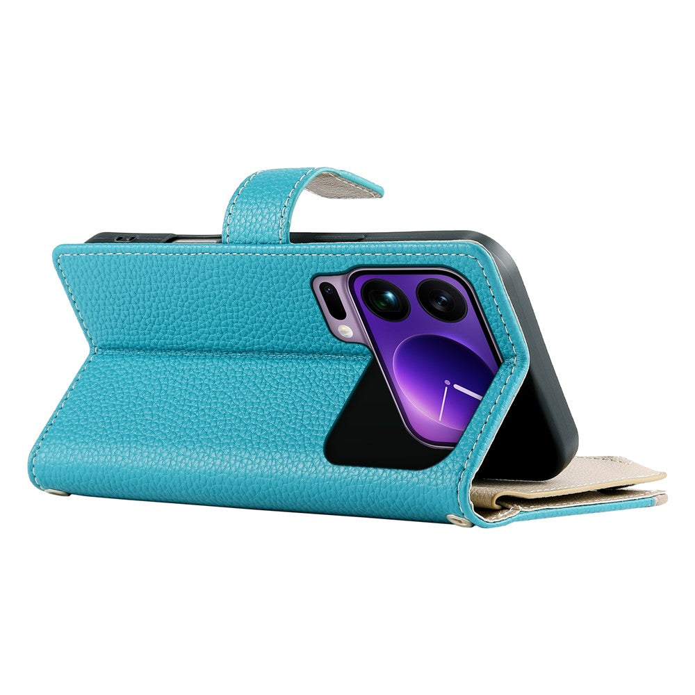 For Xiaomi 17 Pro Max Case Zipper Wallet Color Splicing Leather Flip Phone Cover with Straps - Lake Blue