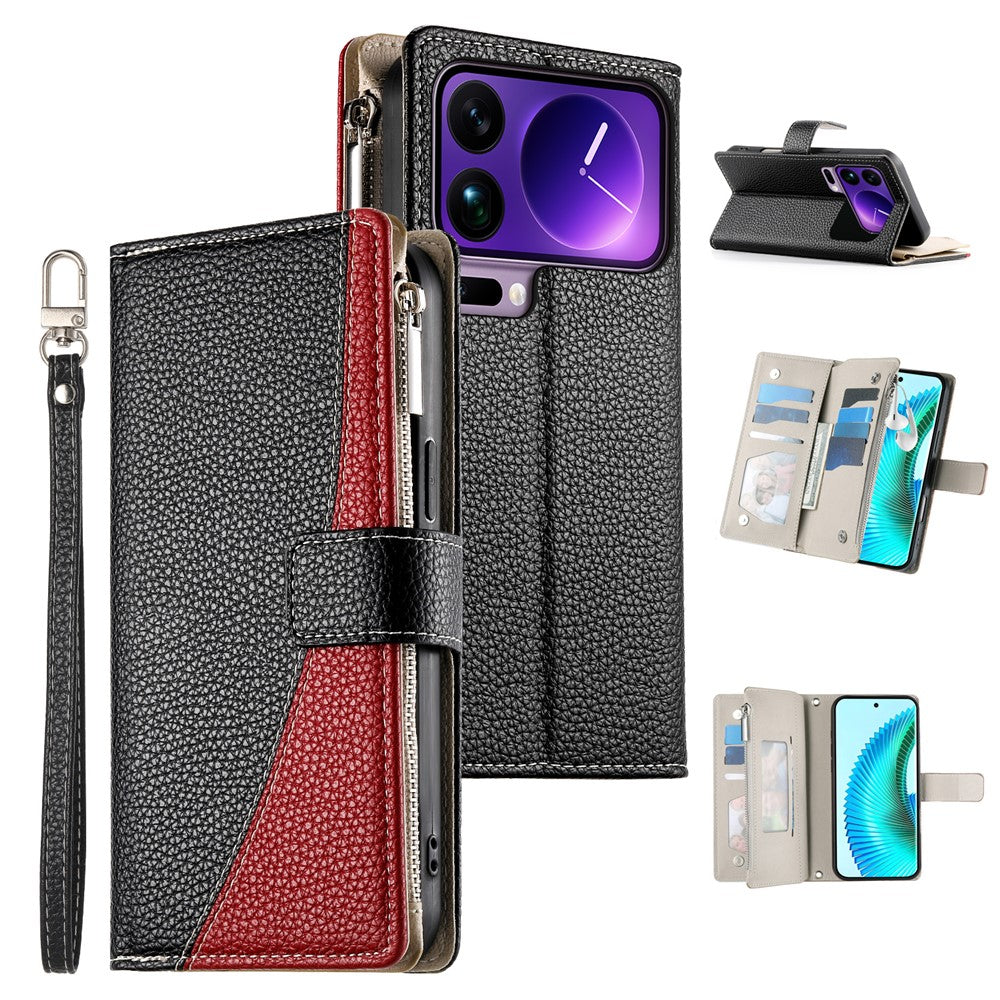 For Xiaomi 17 Pro Max Case Zipper Wallet Color Splicing Leather Flip Phone Cover with Straps - Black