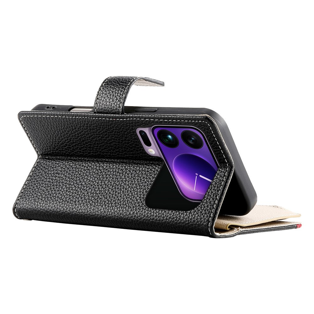 For Xiaomi 17 Pro Max Case Zipper Wallet Color Splicing Leather Flip Phone Cover with Straps - Black