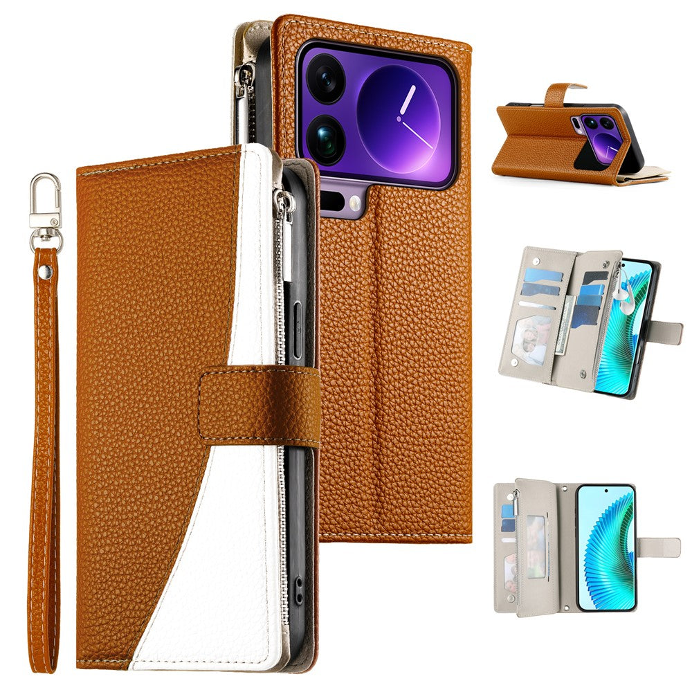 For Xiaomi 17 Pro Max Case Zipper Wallet Color Splicing Leather Flip Phone Cover with Straps - Brown