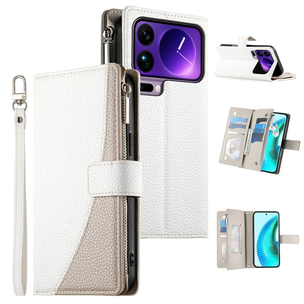 For Xiaomi 17 Pro Max Case Zipper Wallet Color Splicing Leather Flip Phone Cover with Straps - White