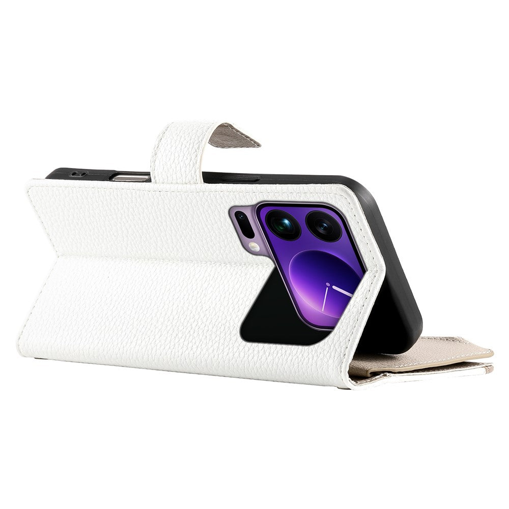 For Xiaomi 17 Pro Max Case Zipper Wallet Color Splicing Leather Flip Phone Cover with Straps - White