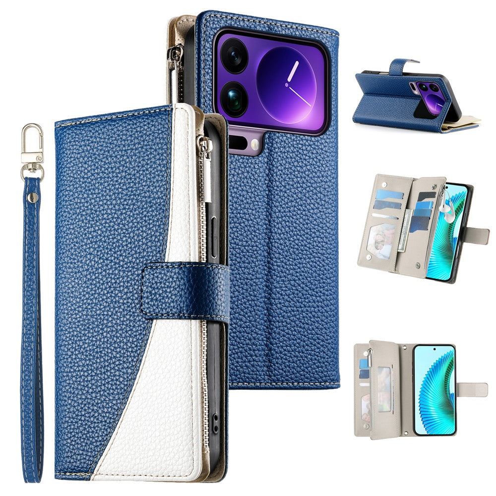 For Xiaomi 17 Pro Max Case Zipper Wallet Color Splicing Leather Flip Phone Cover with Straps - Dark Blue