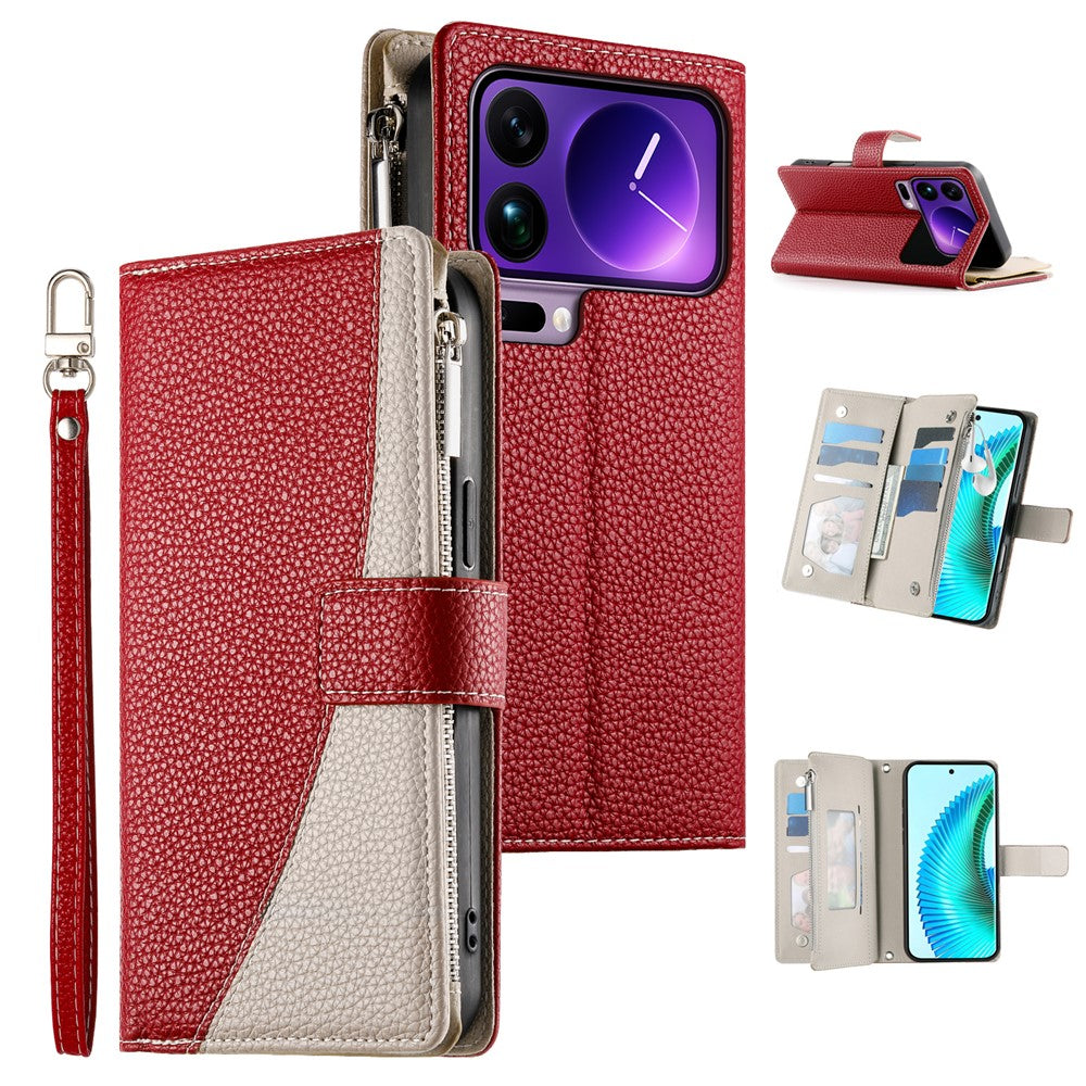 For Xiaomi 17 Pro Max Case Zipper Wallet Color Splicing Leather Flip Phone Cover with Straps - Red