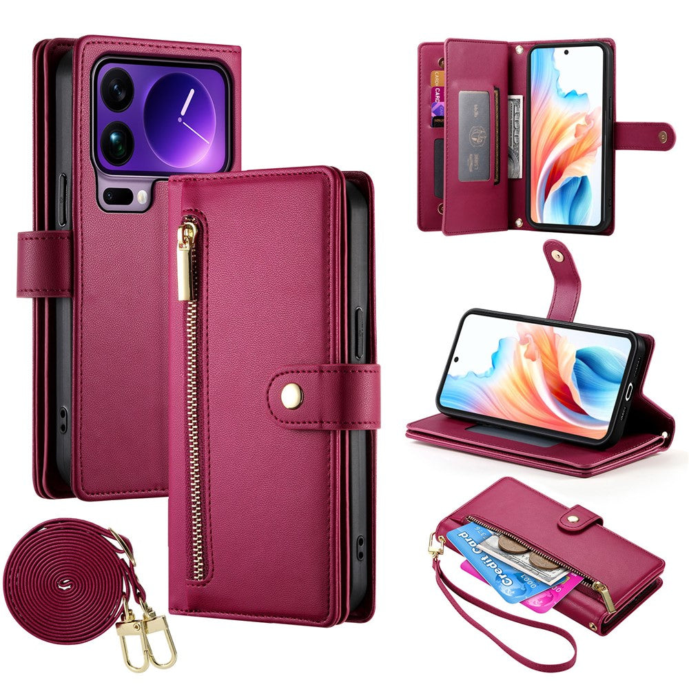 For Xiaomi 17 Pro Max Case Zipper Pocket Wallet Leather Phone Cover with Straps - Red